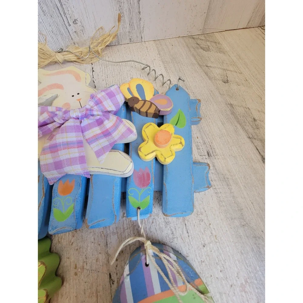 Easter bunny hop spring wooden egg wall hanging home decor flower rabbit